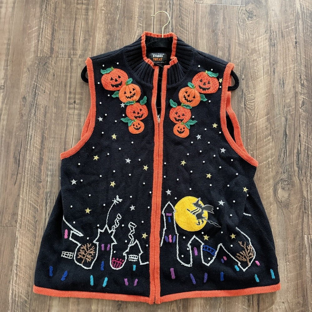 Vtg 90s Studio Treat Halloween Sweater Vest 1X Witchy Pumpkin Applique Novelty